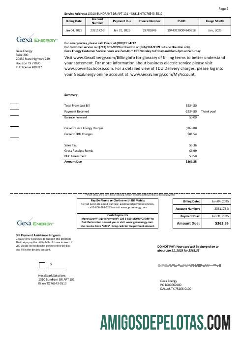 realista Modelo de fatura de serviços públicos de energia dos EUA Texas Gexa em formatos Word